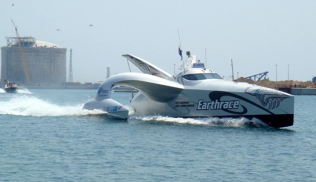 Earthrace crosses the finishing line - Sagunto Spain - after breaking Round the World Record © Earthrace Media http://www.earthrace.net